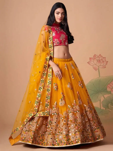 Dazzling Yellow Sequins Work Net Designer Lehenga Choli